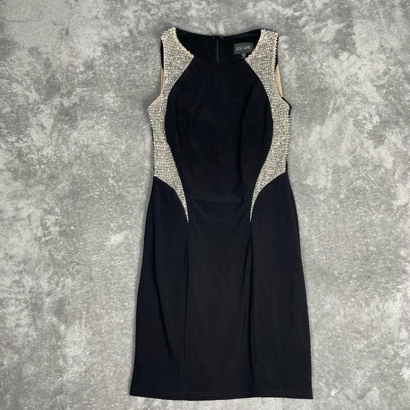 Xscape Dress Womens 2 Black Illusion Beaded Mesh Formal Classy Party Sleek Mini - Picture 10 of 12